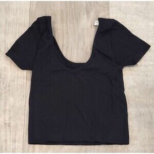Aeropostale Black Ribbed XS Scoop V-Neck Crop Top Stretchy Short Sleeve Bodycon